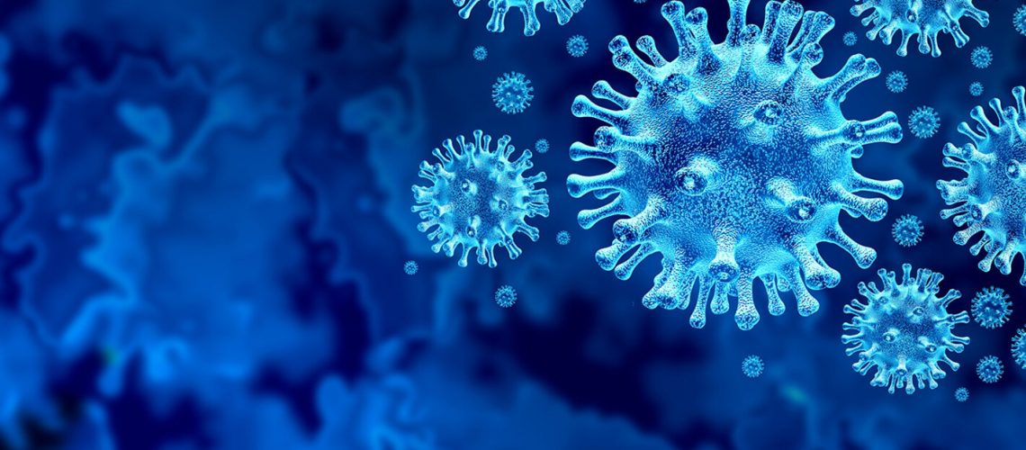 Coronavirus virus outbreak and coronaviruses influenza background as dangerous flu strain cases as a pandemic medical health risk concept with disease cells as a 3D render