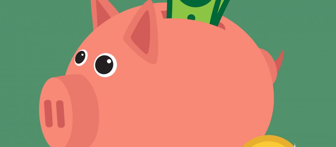 Save money with a piggy bank. Illustration in vectors.