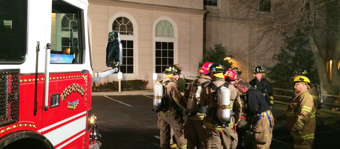Multi company training at Sight & Sound on Nov. 9, 2015. There were Sight & Sound employees hidden in various parts of the building and firefighters needed to locate them and “rescue” them.
